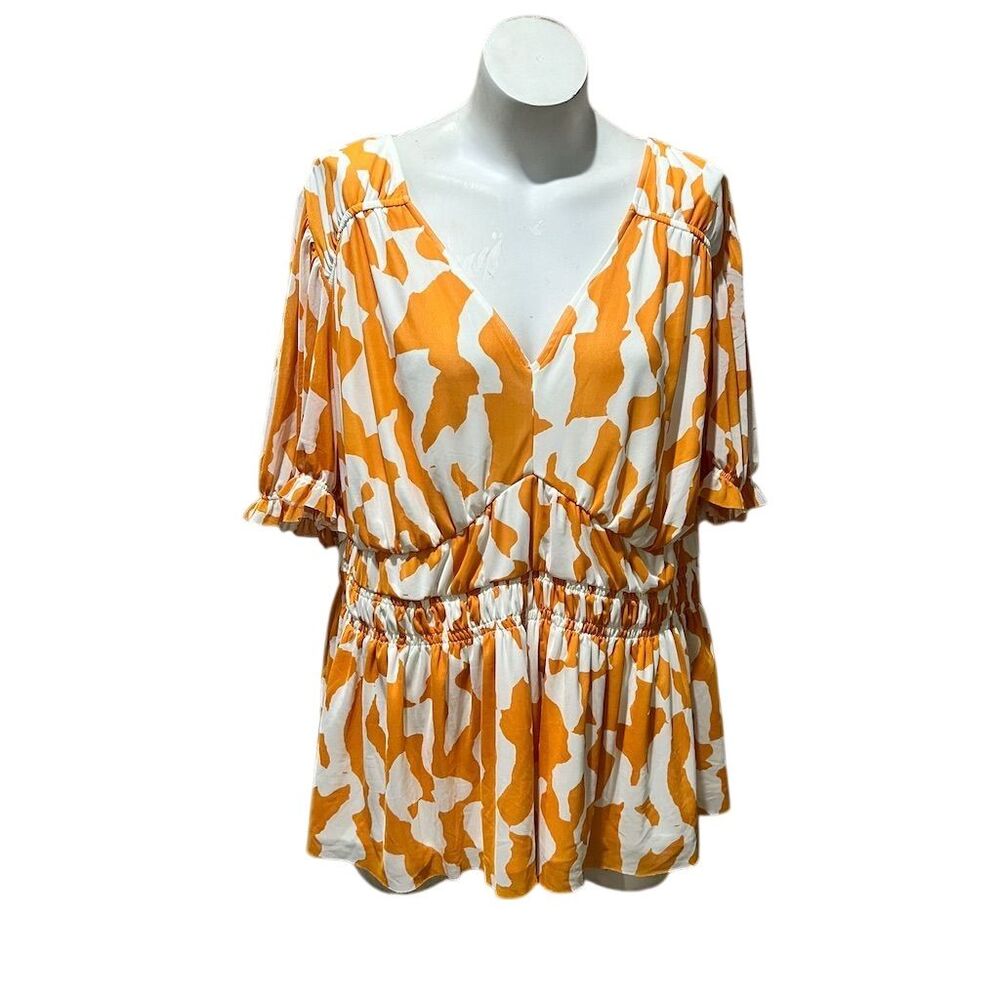 Ava & Viv Women's 2XL V-Neck Puff Sleeve Blouse Orange Abstract Print